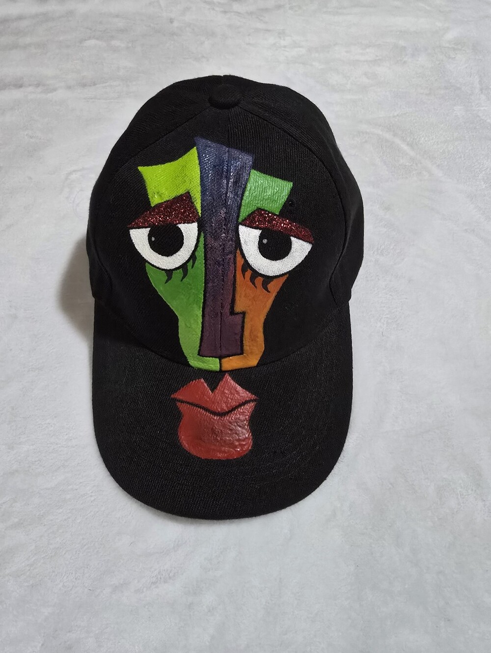 Black Art Face Baseball Cap with Colorful Abstract Design, Hand Painted. Unisex - Picture 3 of 10